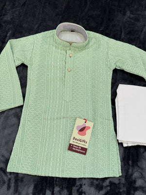 Pastel Green Shade Chikankari Rayon with Sequins 2 Piece Kurta Pajama Set, Father & Son's Outfit, DM -1806