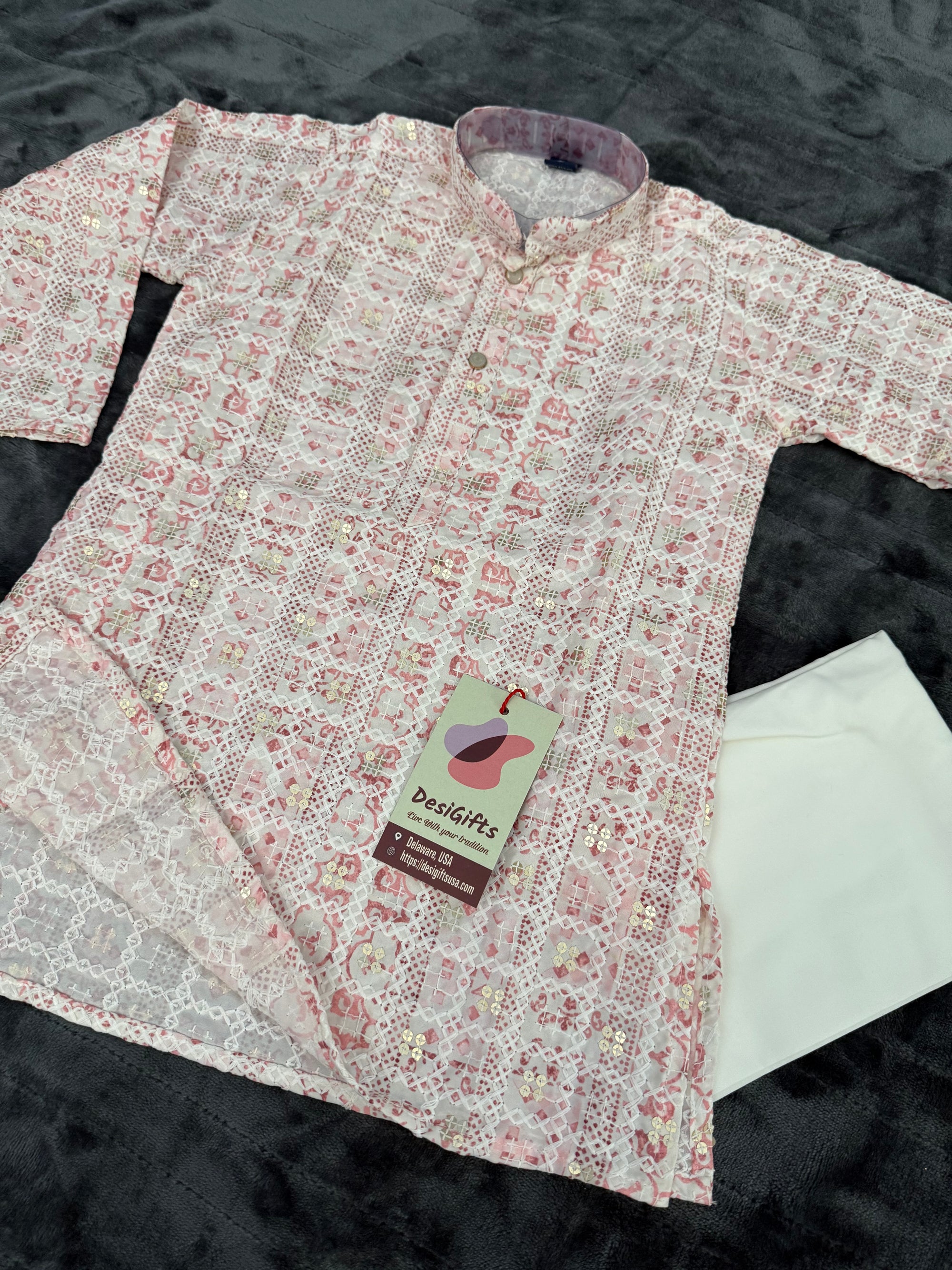 Pink Shade Boy's Soft Cotton Silk Self Design with Sequins Kurta Pajama - Design BOY-1917