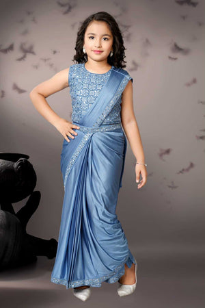 Readymade Saree  in Pastel Blue Shade for Girls with sequins Blouse, Indian Ethnic Outfit, GRL -1898