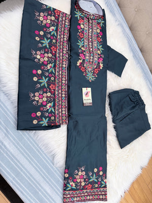 Graceful Navy Blue Embroidered Soft Silk Kurta Pajama Set for for Man, Festive Wedding Kurta Pajama with Dupatta , KP - 2035