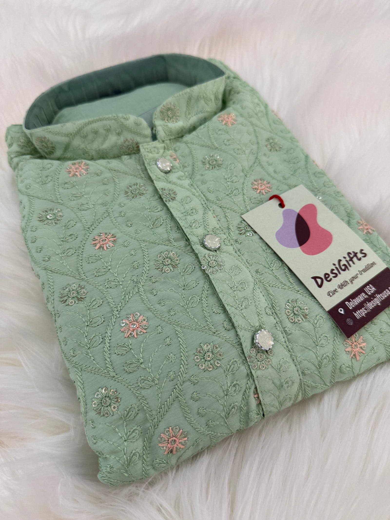 Pre-Teen and Teen Boy's Chikankari Embroidered Rayon Kurta Pajama with Sequins , Green Shade, - BOY-2001