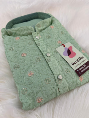 Pre-Teen and Teen Boy's Chikankari Embroidered Rayon Kurta Pajama with Sequins , Green Shade, - BOY-2001