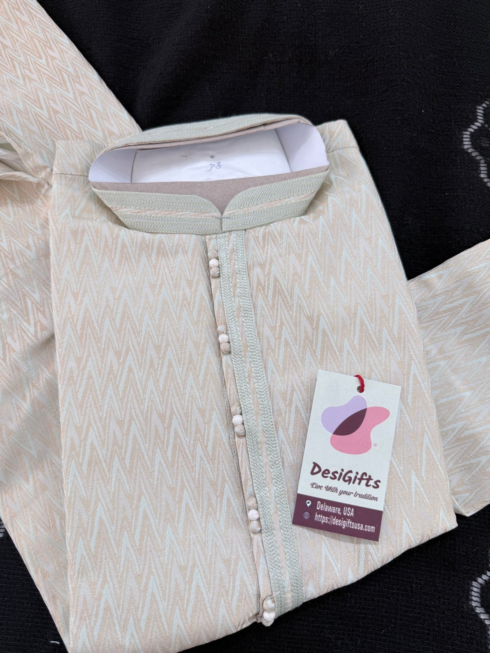 Pastel Green with Beige accents Jacquard Silk Kurta Pajama Set | Festive Kurta Pant Style Pajama, Man -3056
