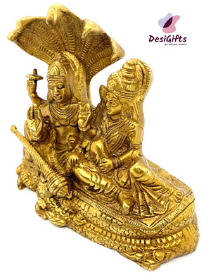 Lord Vishnu Bhagwan Resting on Sheshnag with Goddess Lakshmi, Maha Vishnu Padmanabhaswamy Brass Statue, 7" Idol, VL# 890