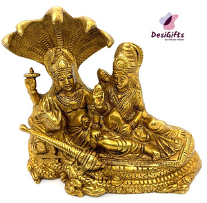 Lord Vishnu Bhagwan Resting on Sheshnag with Goddess Lakshmi, Maha Vishnu Padmanabhaswamy Brass Statue, 7" Idol, VL# 890