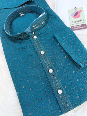Teal Shade Chikankari Embroidery with Sequins 2 Piece Viscose Rayon Kurta Pajama Set, Indian Partywear Kurta SetKP-1979