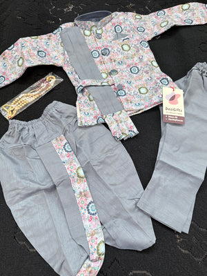 Boys 3 Piece Gray Silk Blend Indian Dress Set with Jacket, Dhoti & Pajama – Ethnic Wedding and Festive Outfit B-2019
