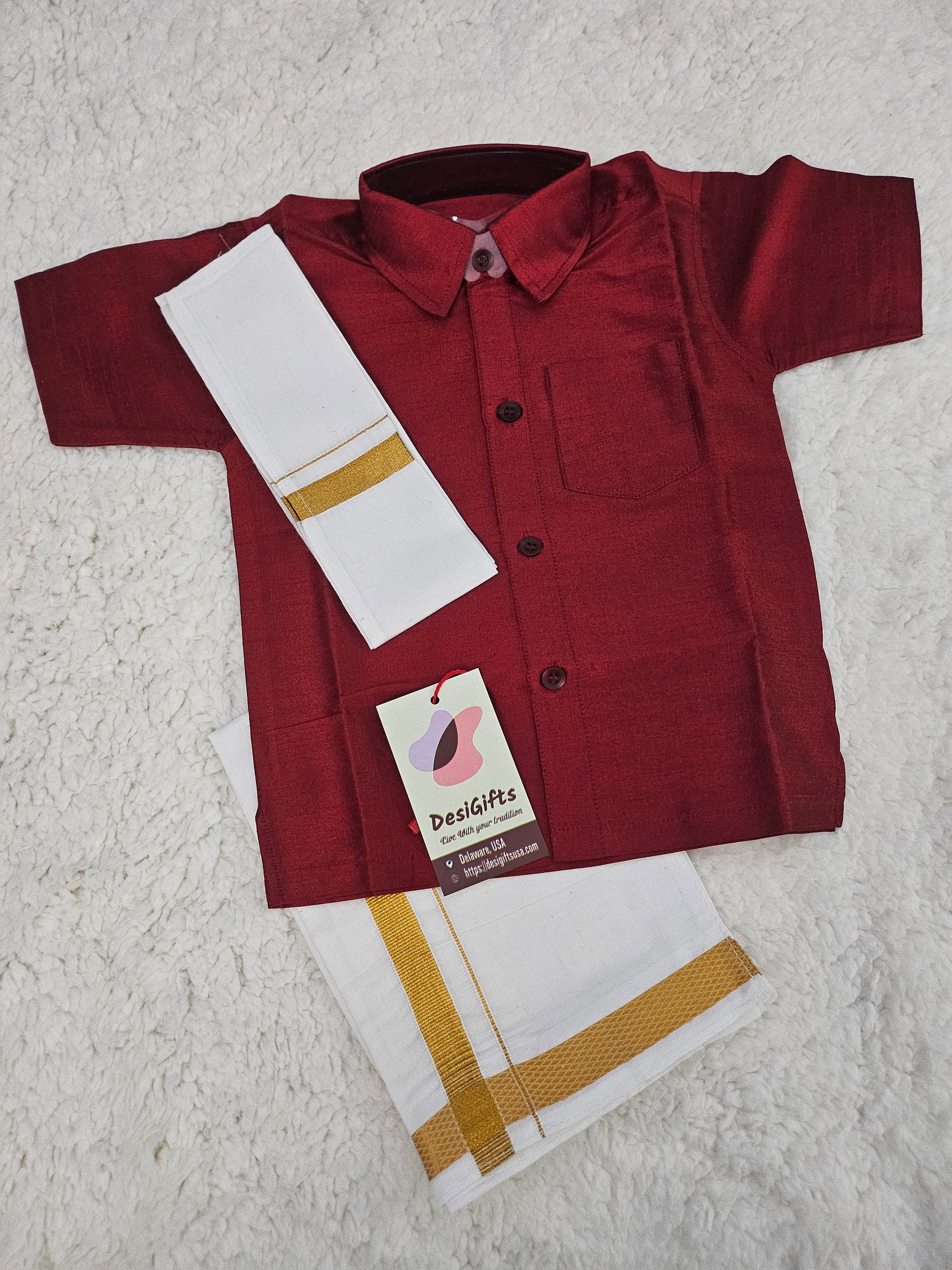 South Indian Kids Dhoti & Shirt With Mundu, 3 Piece Set- Design# B-MRN-898