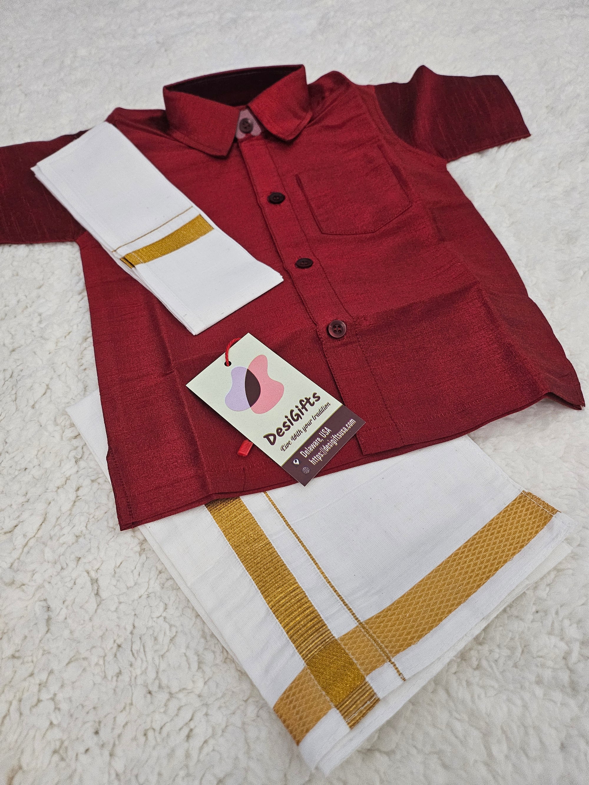 South Indian Kids Dhoti & Shirt With Mundu, 3 Piece Set- Design# B-MRN-898