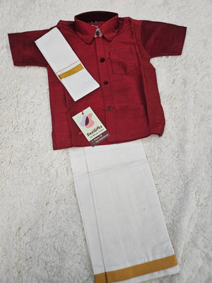 South Indian Kids Dhoti & Shirt With Mundu, 3 Piece Set- Design# B-MRN-898