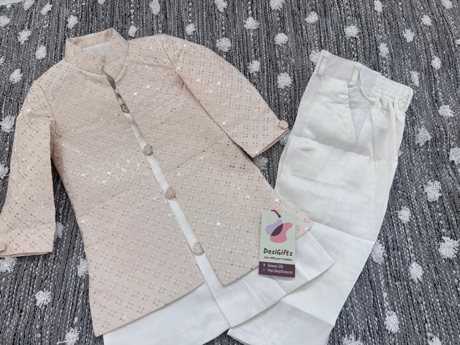 Boy's Champagne Blush Shade Cotton Silk 3 Piece Indo Western Outfit,  Embroidered  Sequins Long Jacket with Pant , Boy's Sherwani Dress - B-3054