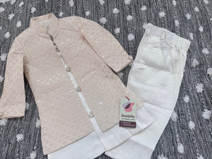 Boy's Champagne Blush Shade Cotton Silk 3 Piece Indo Western Outfit,  Embroidered  Sequins Long Jacket with Pant , Boy's Sherwani Dress - B-3054