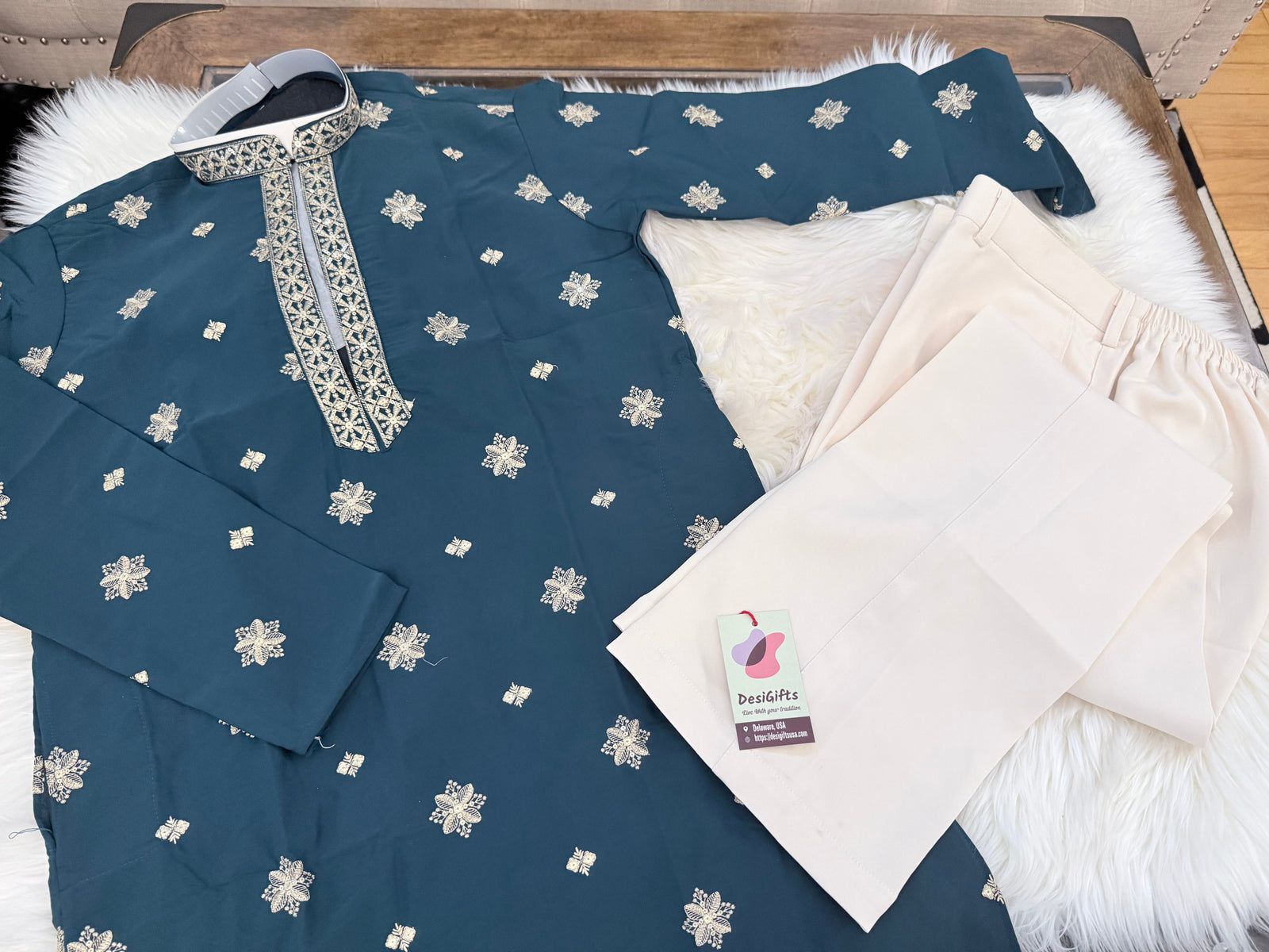 Men’s Teal Blue Shade Embroidered Kurta Pajama Set | Open Neck Kurta with Ivory Trouser Pants | Indian Wedding & Festive Wear, KP-4069