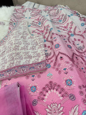 Pink & Ivory Floral Printed Lehenga Choli Set with Dupatta – Ombre Digital Print, Mirror-Style Sequin Accents, Indian Wedding & Festive Wear, LHG-4012