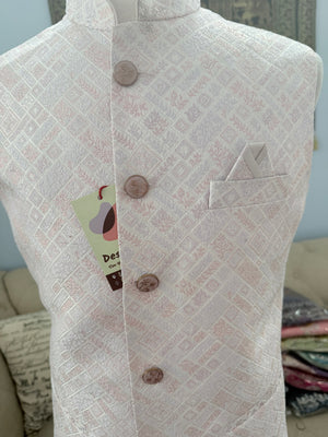 Men’s Pastel Pink Nehru Jacket – Self Woven Silk Indian Sadri, Festive Wedding Waistcoat, Ethnic Modi Jacket for Men, J-3073