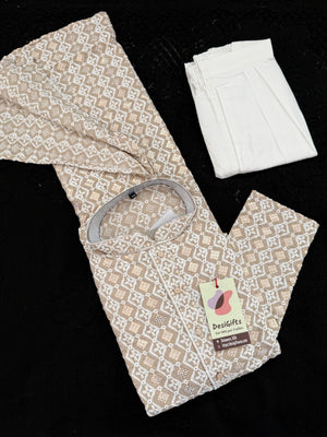 Tan Shade Men's Kurta Pajama set with Embroidery and Sequins. Two-piece Indian traditional outfit., KP - 2029