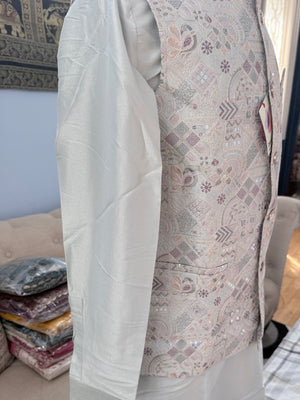 Men’s Pale Sage Green 3-Piece Kurta Pajama with Premium Embroidered Jacket, Wedding & Festive Ethnic Wear, KPJ-3078