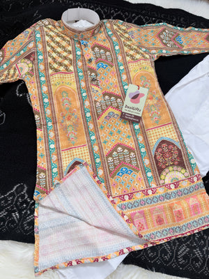 Multishade Boys’ Rayon Kurta Pajama Set with Sequins Work, Designer Printed Ethnic Outfit for Kids, Festive Wear – BOY-2088