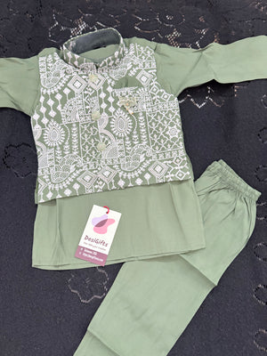 Boys Green Kurta Set with Embroidered Jacket and Pajama – Festive Ethnic Wear,- Design B-2028