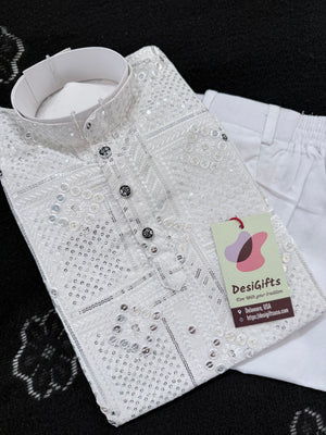 Boys’ Rayon Embroidery White Kurta Pajama Set with Sequins Work, Designer Ethnic Outfit for Kids Festive and Wedding Wear – BOY-2086