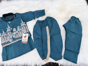 Boys Peacock Blue Kurta Pajama Set with Floral Embroidery Jacket | Dhoti and Pajama | Indian Wedding Festive Ethnic Wear for Kids, B-4059