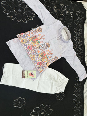 Boys Light Lavender Kurta Pajama with with Elephant Print Nehru Jacket | 3-Piece Indian Ethnic Outfit – Festive Ethnic Wear,- Design B-4034