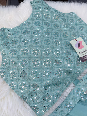 Girls Light Teal Blue Shade Saree Set with Sequins Blouse, Ready to Wear Indian Outfit, GRL-2089