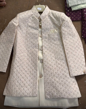 Boy's Champagne Blush Shade Cotton Silk 3 Piece Indo Western Outfit,  Embroidered  Sequins Long Jacket with Pant , Boy's Sherwani Dress - B-3054