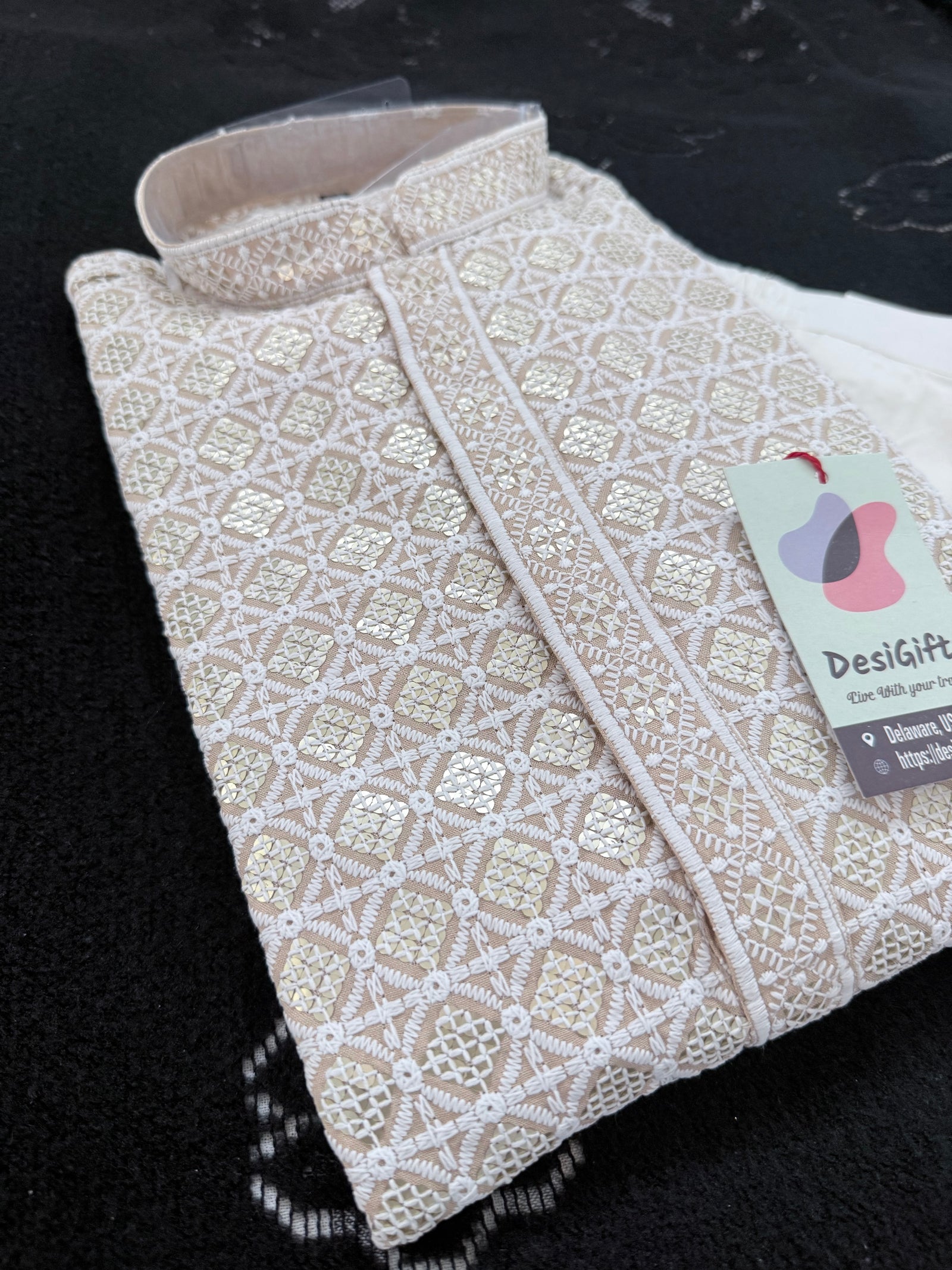 Men's Kurta Pajama set with Embroidery and Sequins in Light Beige Shade. Two-piece Indian traditional outfit., KP - 1424