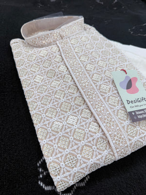 Men's Kurta Pajama set with Embroidery and Sequins in Light Beige Shade. Two-piece Indian traditional outfit., KP - 1424