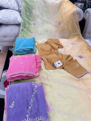 Soft Silk Blend Saree with Floral Embroidery, Ombre Effect | Stitched Blouse Included | Fall & Pico Done | Wedding, Festive & Party Wear, S- 3082