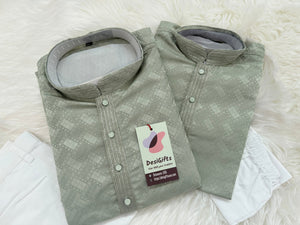Father & Son Matching option in Dusty Sage Green Kurta Pajama Set | Geometric Jacquard Kurta with Pants | Indian Wedding & Festive Wear, DM-4030