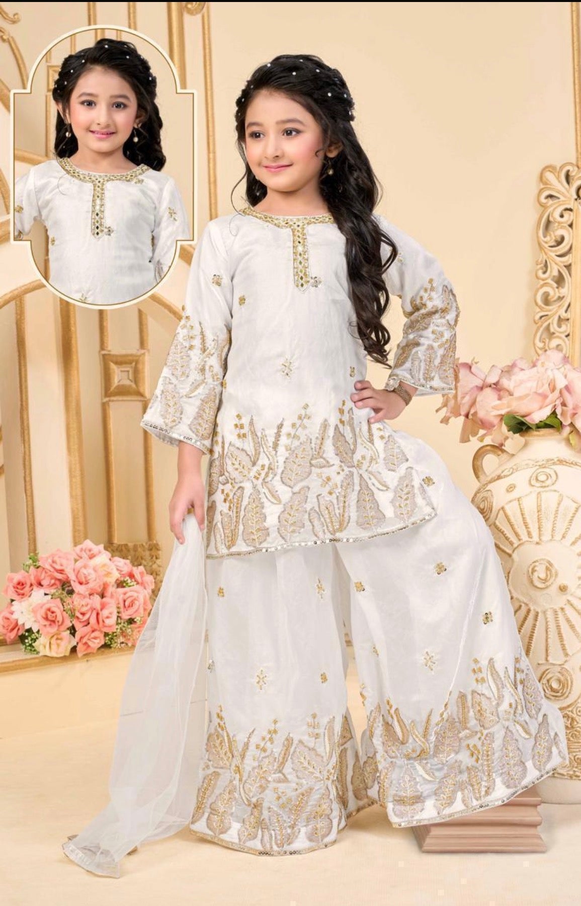Girls’ Ivory White with Gold Embroidery Kurta Palazzo Set with Sequins Work – Festive Ethnic Wear, GRL-2099