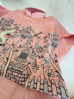 PInk Shade 4 Piece Boy's Cotton  Silk Ethnic Kurta with Jacket, Dhoti and Pajama- Design B-2004