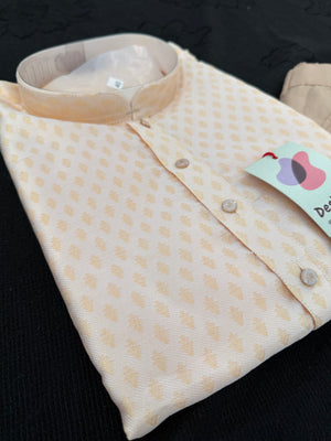 Soft Cream with Subtle Gold Motifs Kurta with Beige Trouser, 2 Piece Jacquard Silk Kurta Pajama Set, Man -2046