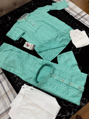 Men & Boys Turquoise Teal Rayon Chikankari with Sequins Kurta Pajama Set | Matching Father Son Option Festive Outfit with Sequin Work, DM -1423