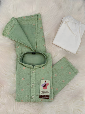 Pre-Teen and Teen Boy's Chikankari Embroidered Rayon Kurta Pajama with Sequins , Green Shade, - BOY-2001