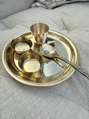 Brass Laddu Gopal Ji Thali Set – 5" Pooja Plate with 2 Bowls, Glass & Spoon | 5-Piece Bal Gopal Bhog & Seva Set- 498