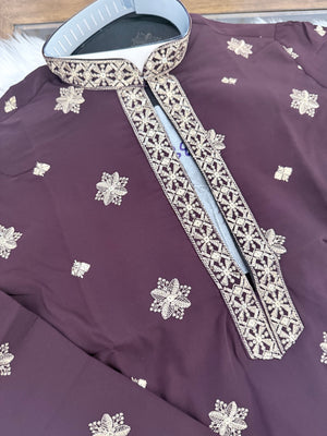 Men’s Plum Purple Shade Embroidered Kurta Pajama Set | Open Neck Kurta with Ivory Trouser Pants | Indian Wedding & Festive Wear, KP-4071