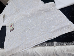 Men’s White Embroidered Kurta Pajama Set with Sequin Accents | Chikankari-Style Wedding & Festive Indian Outfit, KP- 3058