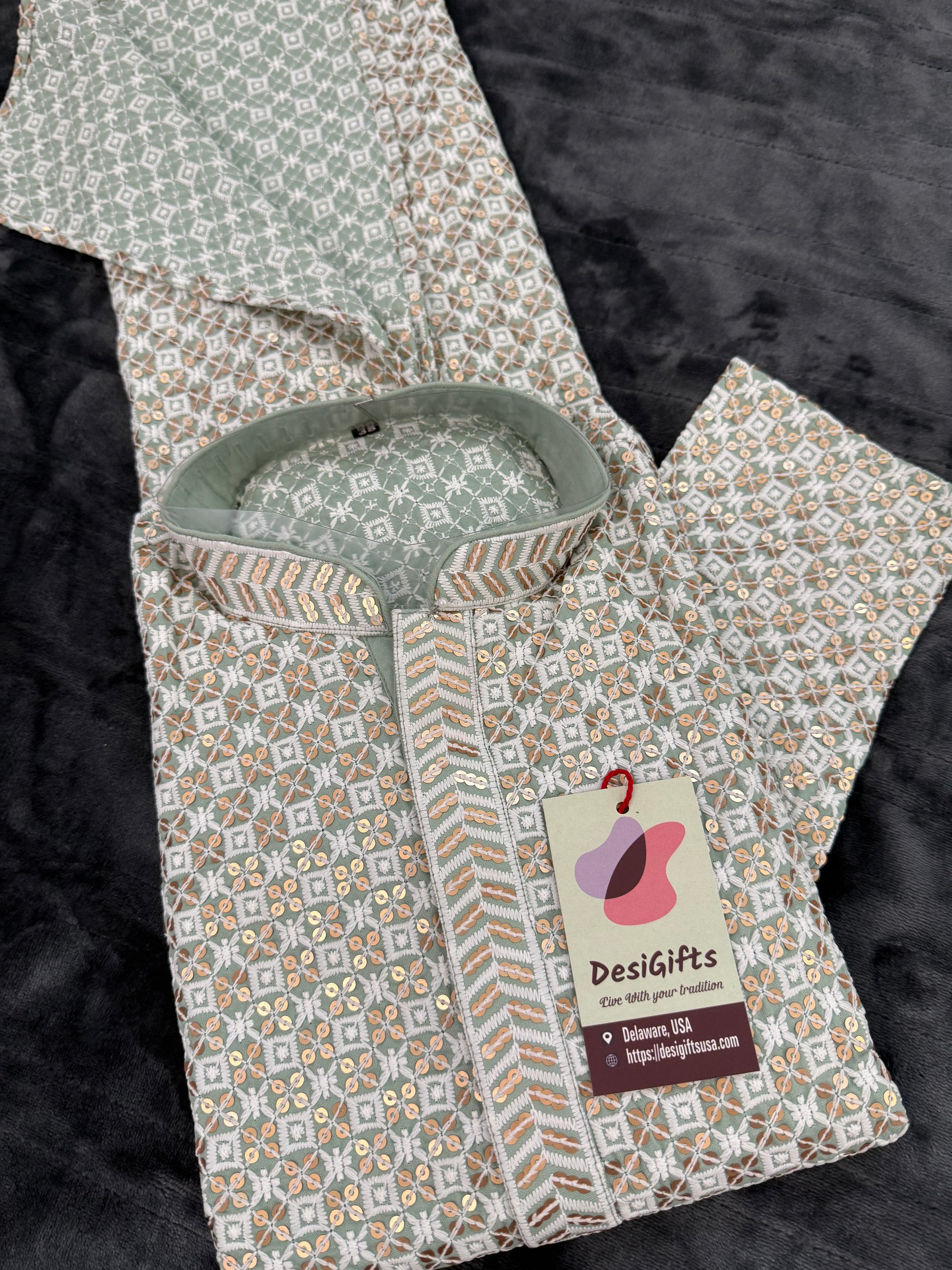 Pastel Green Shade Men's kurta pajama set with embroidery and sequins. Two-piece Indian traditional outfit for special occasions., KP - 1940