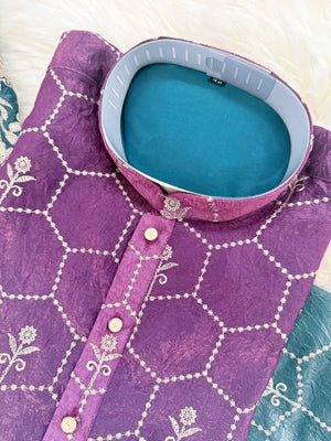 Men’s Purple to Teal Ombre Embroidered Kurta Pajama Set |Wedding & Festive Indian Ethnic Wear, KP - 4041