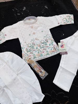 Boys 3 Piece White Silk Blend Indian Dress Set with Sherwani Kurta, Dhoti & Pajama – Ethnic Wedding and Festive Outfit B-2023