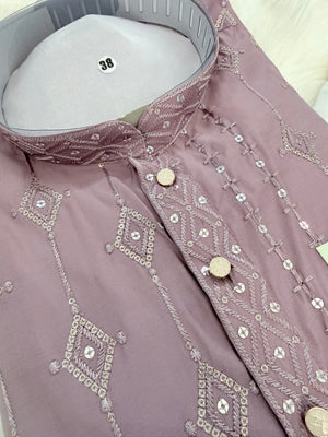 Men’s Onion Shade Embroidered Kurta Pajama Set with Sequins Work, Indian Ethnic Wear for Wedding & Festival, KPS-3012