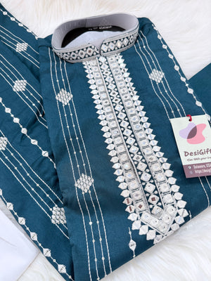 Men’s Mirror Work Embroidered Kurta Pajama Set | Teal Green or Deep Purple Embroidered Indian Wedding Kurta with White Pants, KP - 3063-64