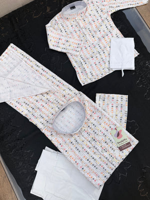 Ivory Cream 2-Piece Kurta Pajama Set – Father & Son Outfit | Premium Cotton Jacquard with Zari & Sequin Detailing, DM-2043