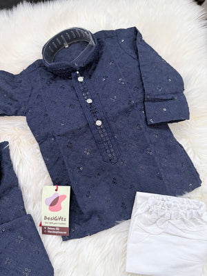 Men & Boys Navy Rayon Chikankari with Sequins Kurta Pajama Set | Matching Father Son Festive Outfit with Sequin Work, DM -2077