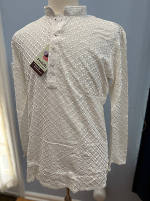 White Chikankari Shirt-Style Short Kurta with Sequins – Ethnic Casual Kurta, SK - 1936