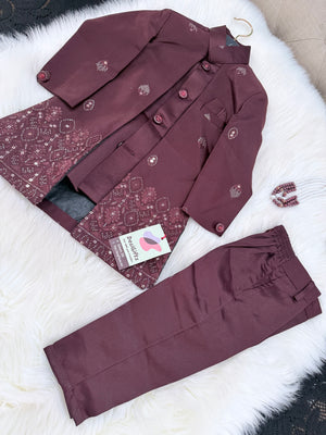 Boy's Cotton Silk 2 Piece Indo Western Dress,  Embroidered  Sequins Long Jacket with  Pant and Necklace, Boy's Dress - B-2013