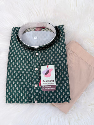 Pine Green with Subtle Gold Motifs Kurta with Beige Trouser, 2 Piece Jacquard Silk Kurta Pajama Set, Man -2047